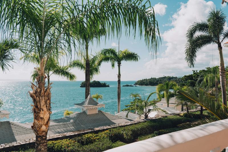 The view from a terrace in Samaná, over palm trees to a turquoise bay